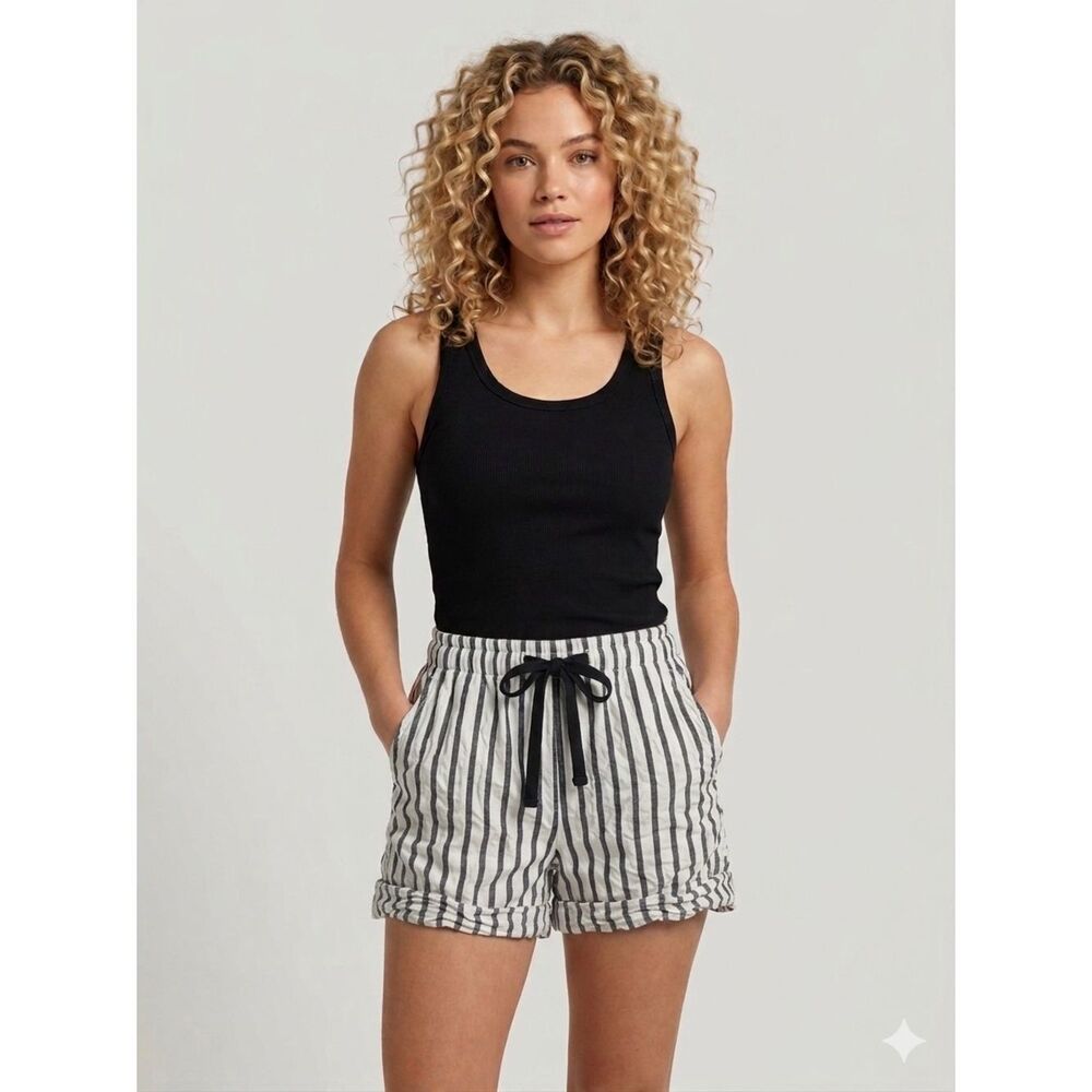 Lou & Grey Linen Blend White Shorts with Black Stripes Minimalist Size XS